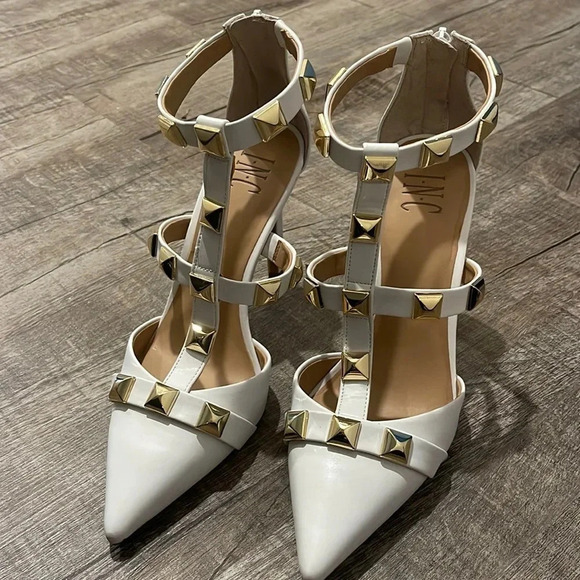 INC - White - Studded Goring Ankle Strap Syndia Pointed Toe Stilettos - Size 10M - Picture 2 of 10